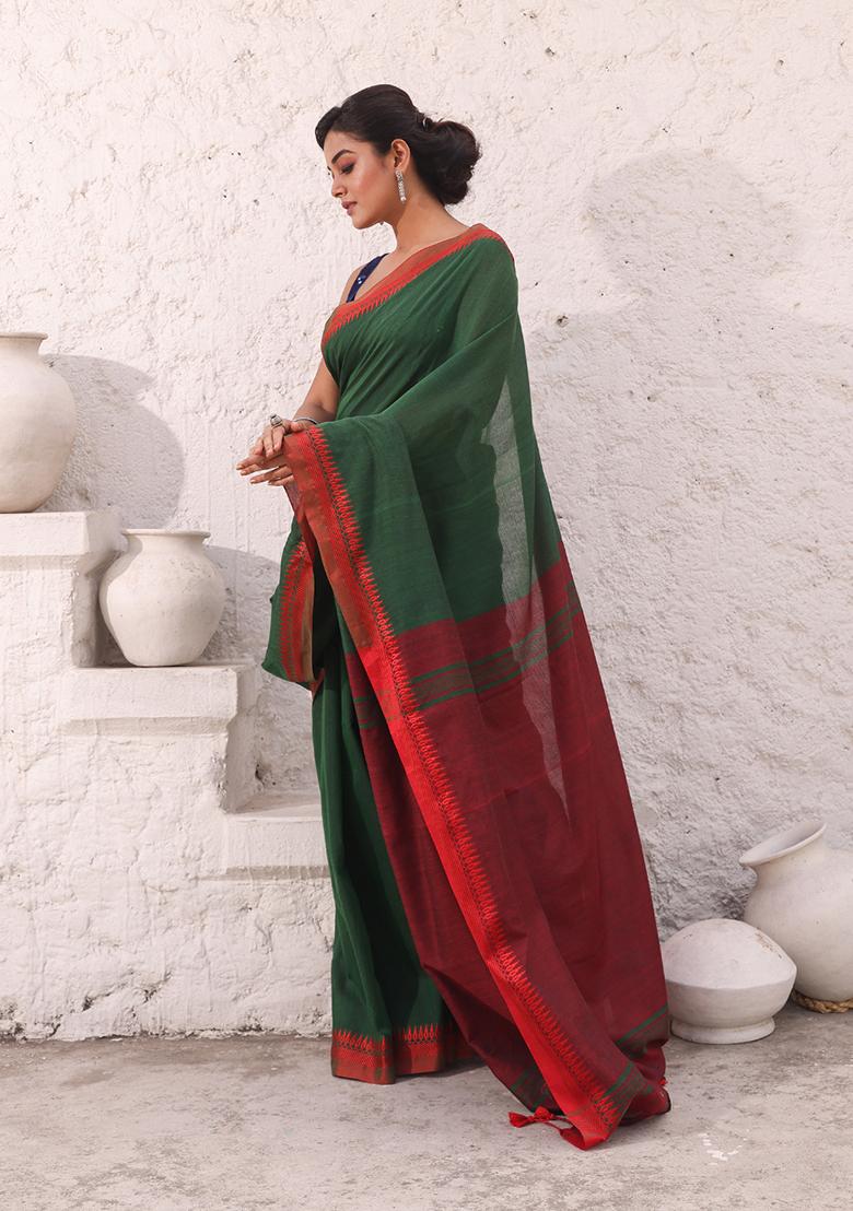 Green Solid Pure Cotton Saree Set