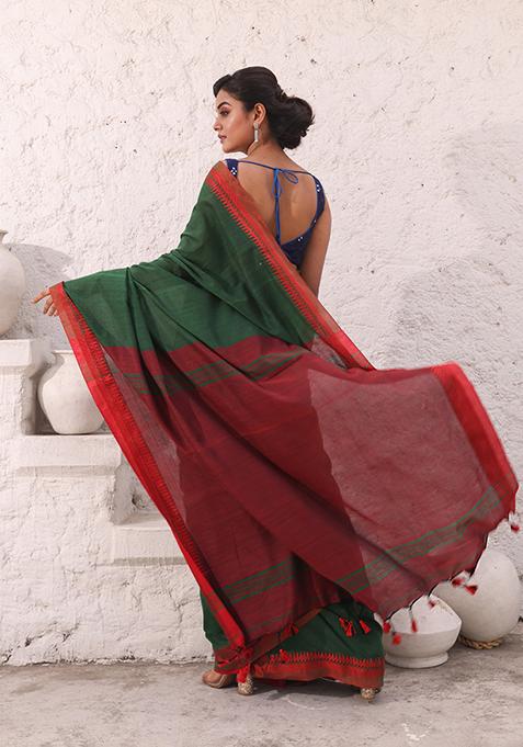 Green Solid Pure Cotton Saree Set