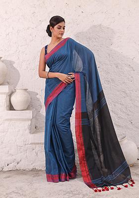 Teal Blue Solid Pure Cotton Saree Set