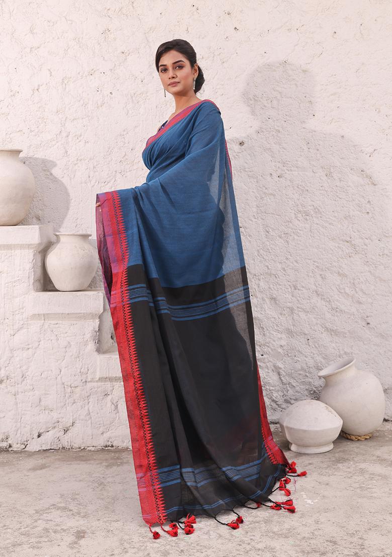 Teal Blue Solid Pure Cotton Saree Set