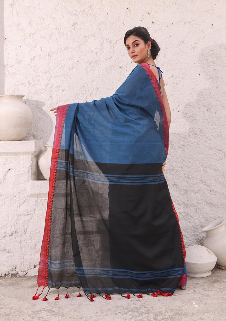 Teal Blue Solid Pure Cotton Saree Set