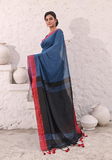 Teal Blue Solid Pure Cotton Saree Set