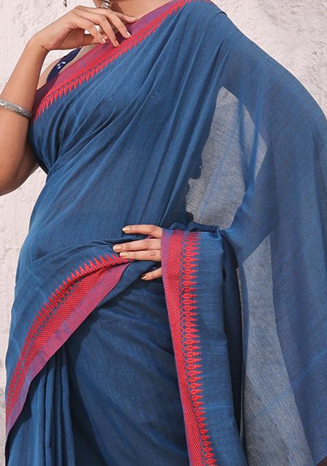 Teal Blue Solid Pure Cotton Saree Set