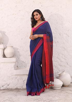 Blue Solid Pure Cotton Saree Set