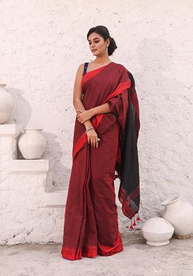 Dark Red Solid Pure Cotton Saree Set