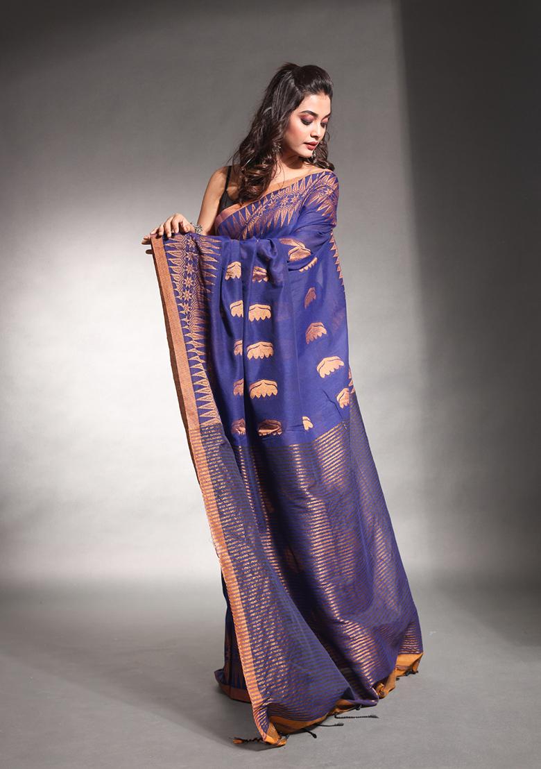 Blue Woven Design Pure Cotton Saree Set
