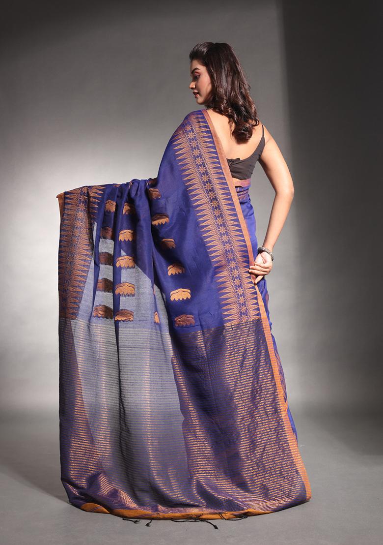 Blue Woven Design Pure Cotton Saree Set
