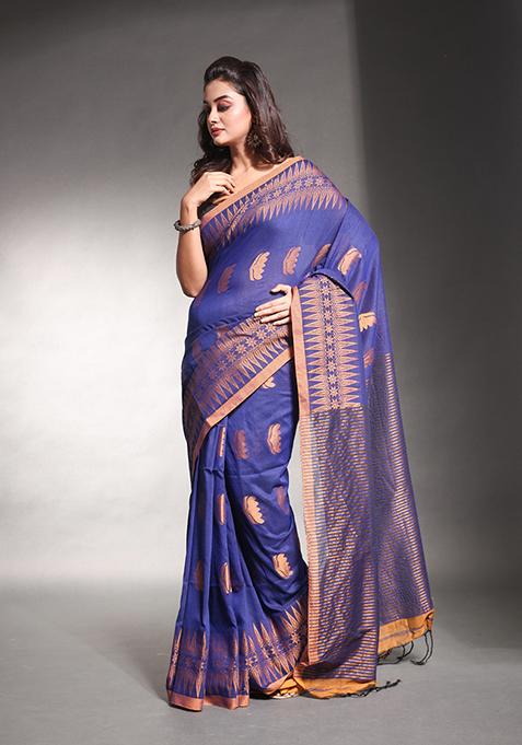 Blue Woven Design Pure Cotton Saree Set