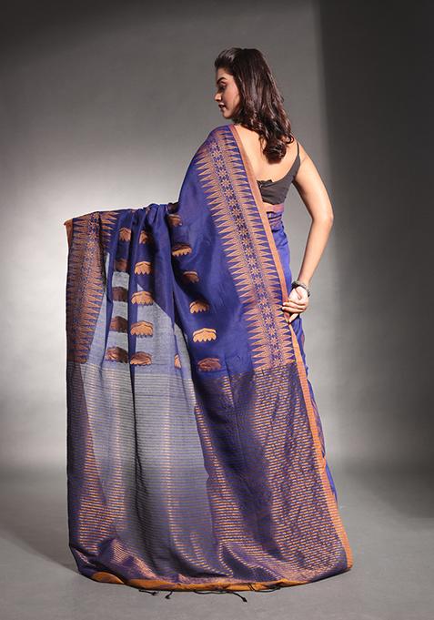 Blue Woven Design Pure Cotton Saree Set