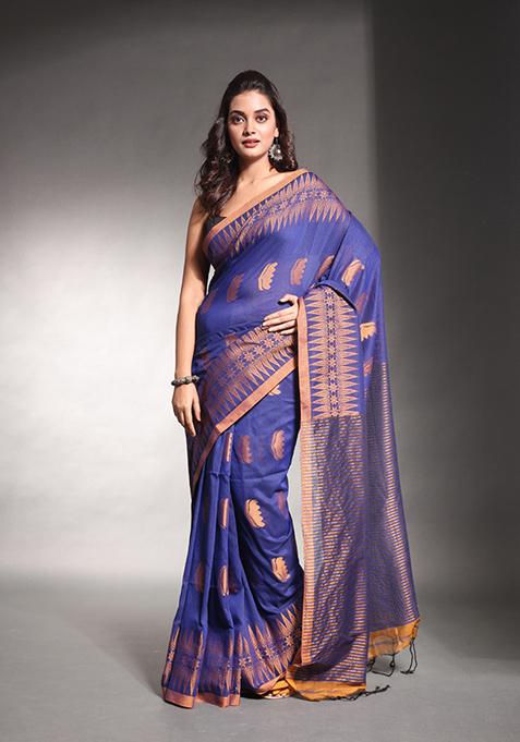Blue Woven Design Pure Cotton Saree Set