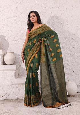 Green Woven Design Pure Cotton Saree Set
