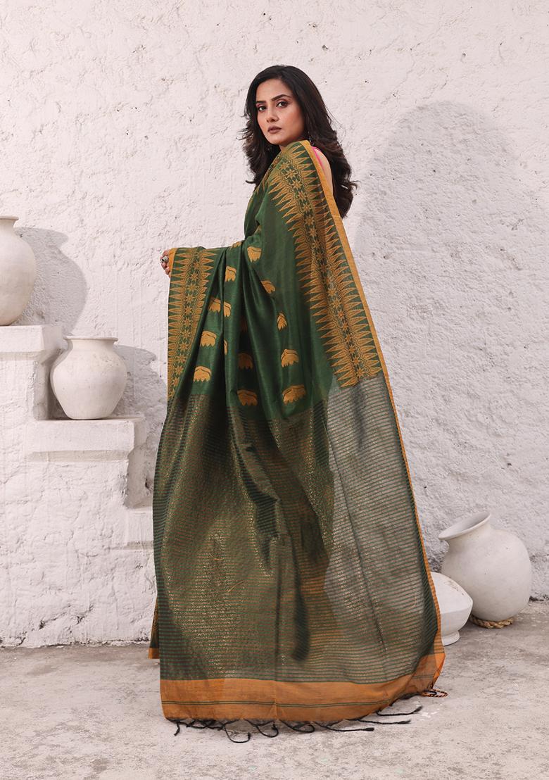 Green Woven Design Pure Cotton Saree Set