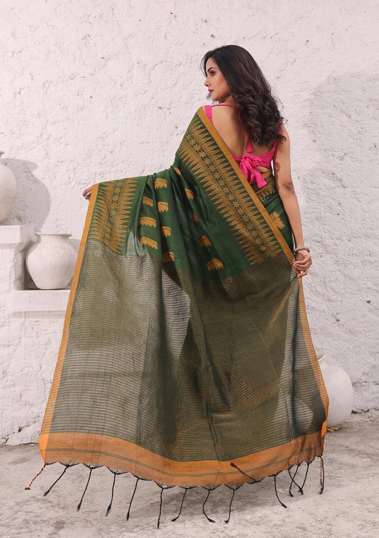 Green Woven Design Pure Cotton Saree Set