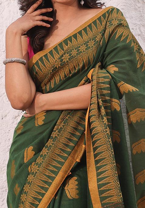 Green Woven Design Pure Cotton Saree Set