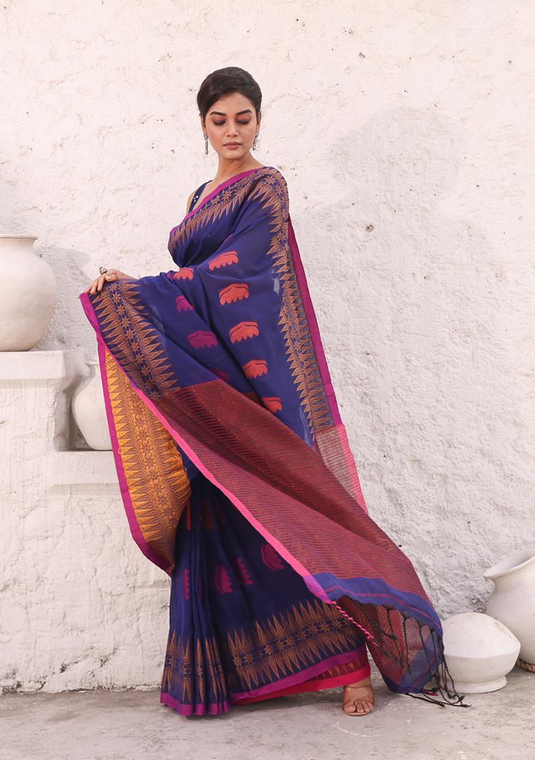 Blue Woven Work Pure Cotton Saree Set