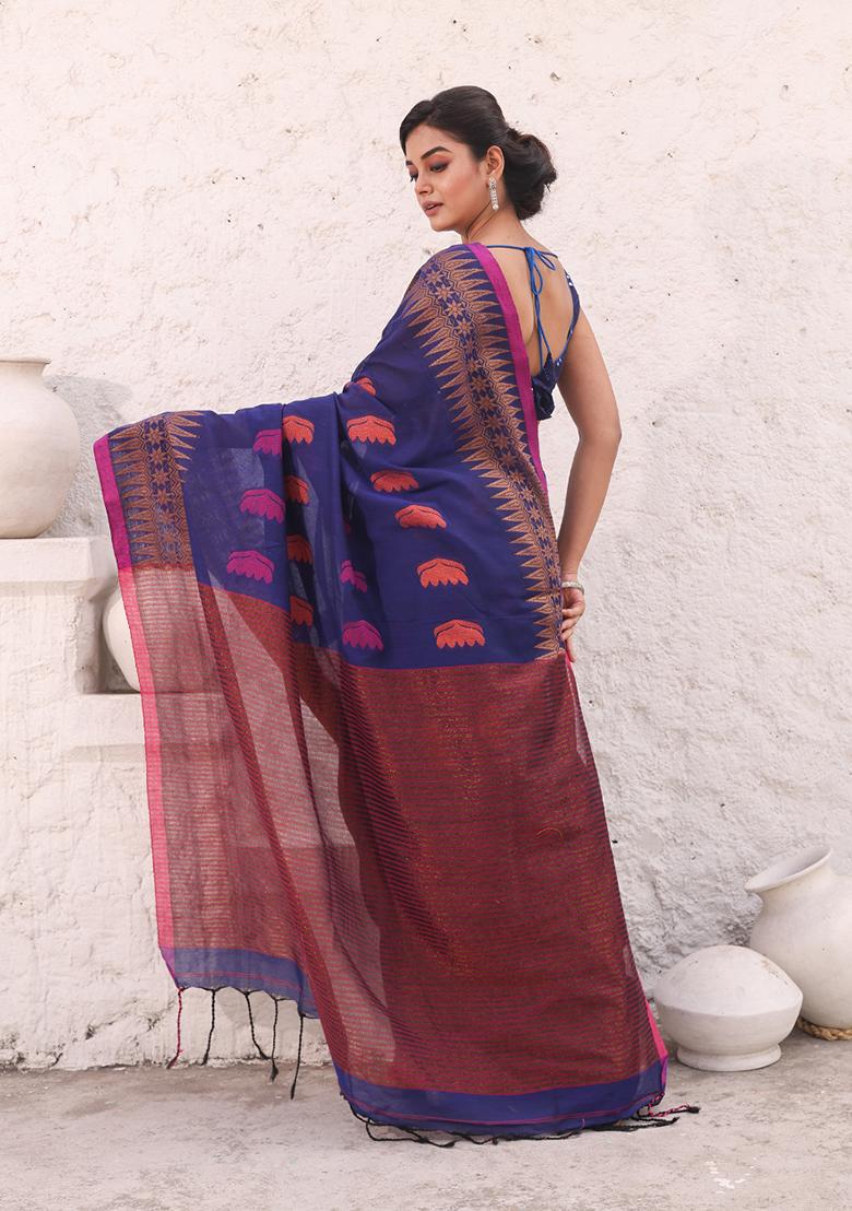 Blue Woven Work Pure Cotton Saree Set