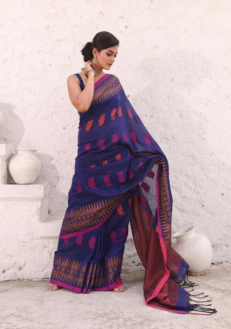 Blue Woven Work Pure Cotton Saree Set