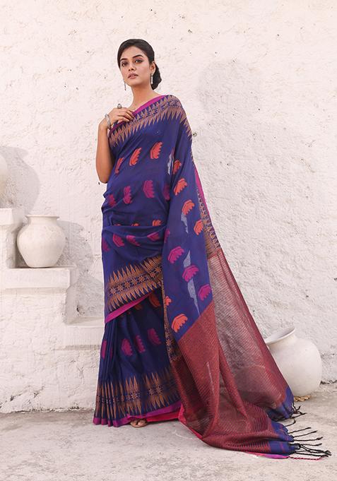 Blue Woven Work Pure Cotton Saree Set