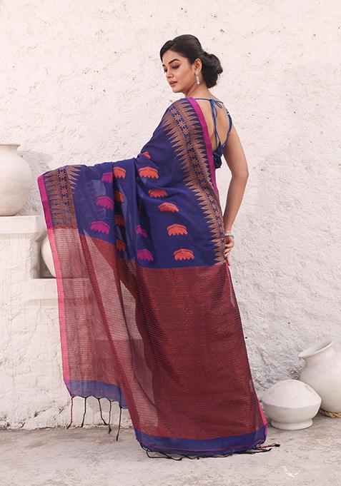 Blue Woven Work Pure Cotton Saree Set