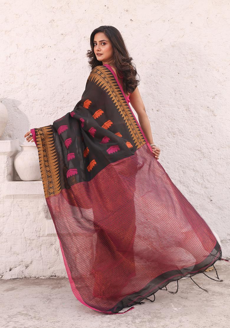 Black Woven Design Pure Cotton Saree Set