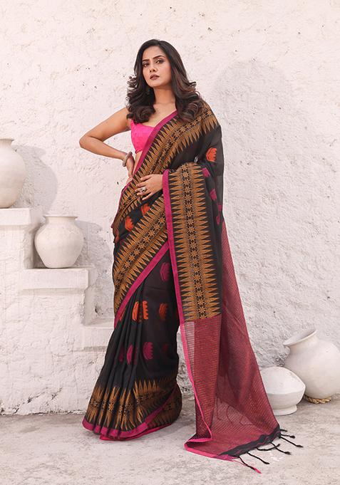 Black Woven Design Pure Cotton Saree Set