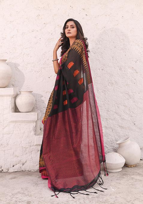 Black Woven Design Pure Cotton Saree Set