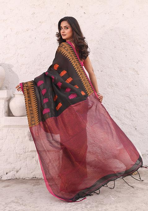 Black Woven Design Pure Cotton Saree Set