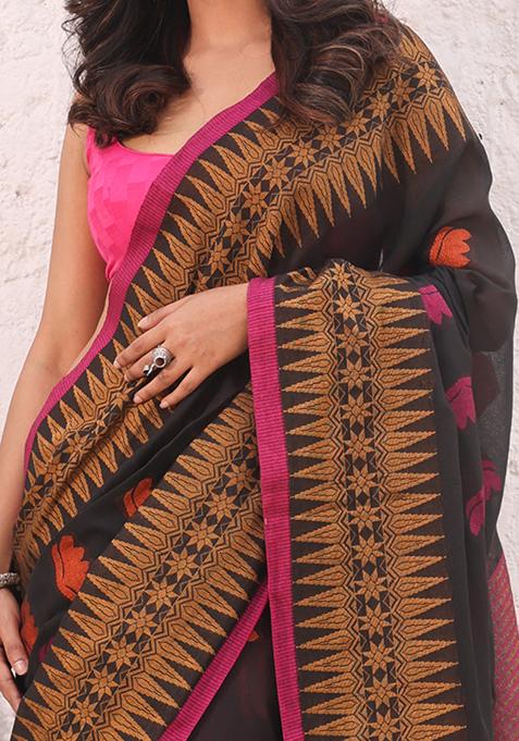 Black Woven Design Pure Cotton Saree Set