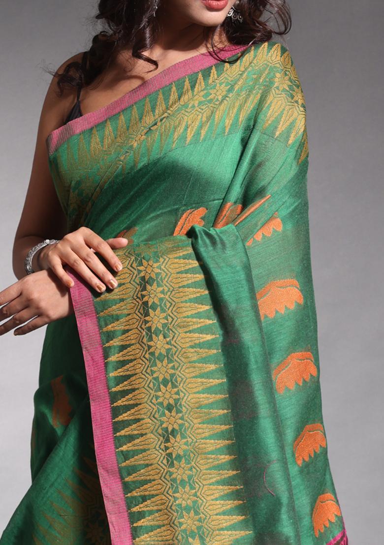 Green Woven Work Pure Cotton Saree Set