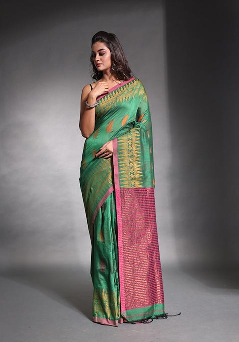 Green Woven Work Pure Cotton Saree Set