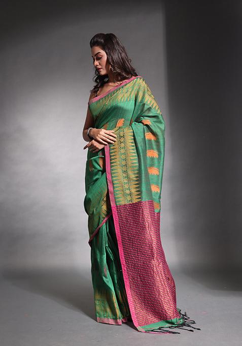 Green Woven Work Pure Cotton Saree Set