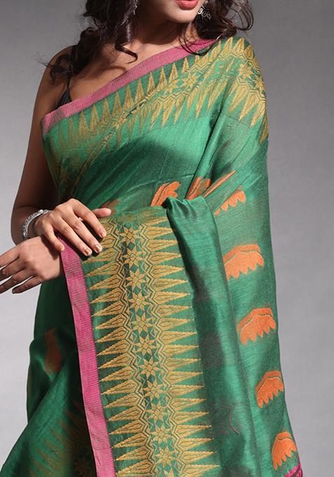 Green Woven Work Pure Cotton Saree Set