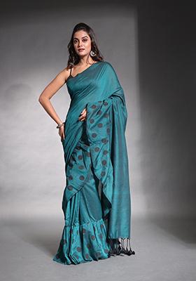 Teal Polka Dot Print Pure Cotton Ruffled Saree Set