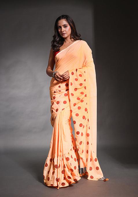 Light Orange Polka Dot Print Pure Cotton Ruffled Saree Set