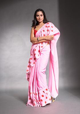 Baby Pink Polka Dot Print Pure Cotton Ruffled Saree Set