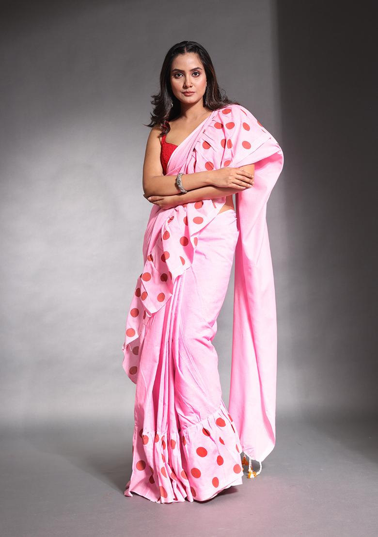 Baby Pink Polka Dot Print Pure Cotton Ruffled Saree Set