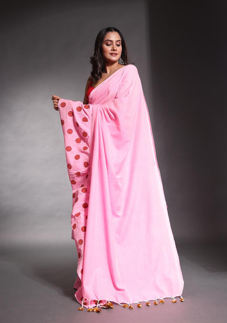 Baby Pink Polka Dot Print Pure Cotton Ruffled Saree Set