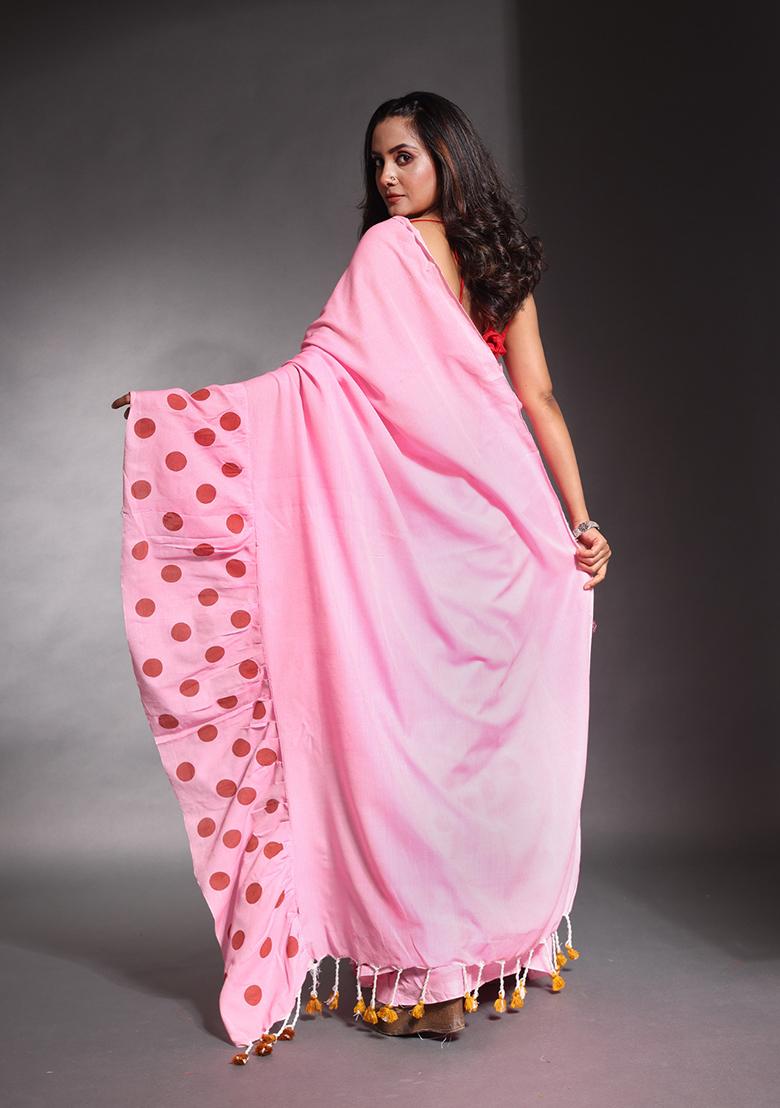 Baby Pink Polka Dot Print Pure Cotton Ruffled Saree Set