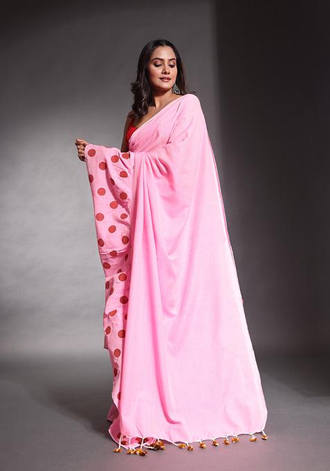 Baby Pink Polka Dot Print Pure Cotton Ruffled Saree Set