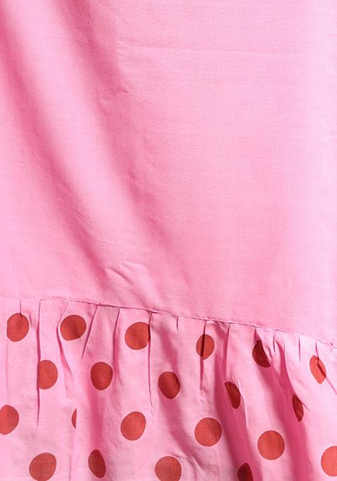 Baby Pink Polka Dot Print Pure Cotton Ruffled Saree Set
