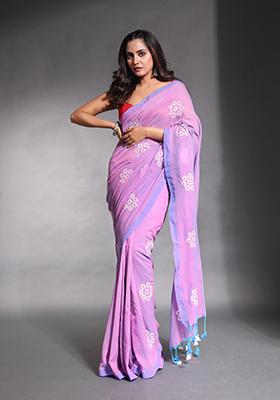 Violet Floral Embroidered Soft Pure Cotton Saree Set