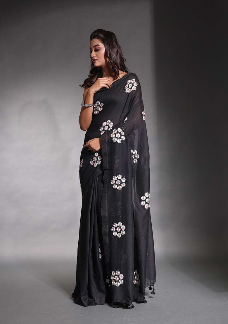 Black Floral Soft Pure Cotton Saree Set with Embroidered for Diwali | Wedding & Festive Wear - Indya