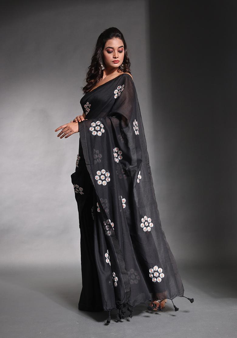 Black Floral Embroidered Soft Pure Cotton Saree Set - Indya