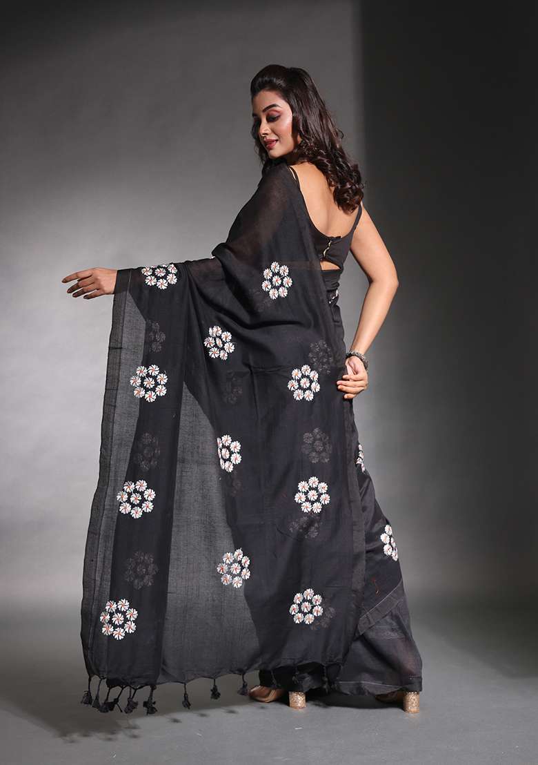 Black Floral Soft Pure Cotton Saree Set with Embroidered for Diwali | Wedding & Festive Wear - Indya