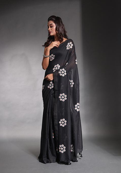 Black Floral Embroidered Soft Pure Cotton Saree Set