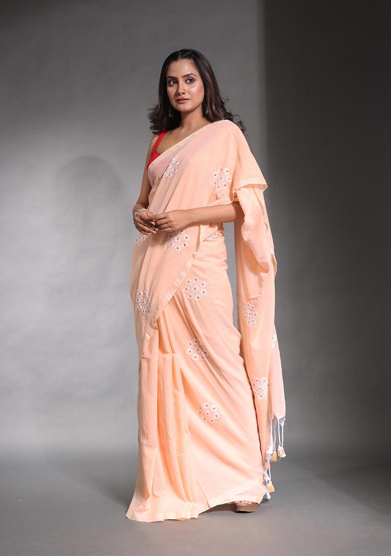 Peach Floral Embroidered Soft Pure Cotton Saree Set