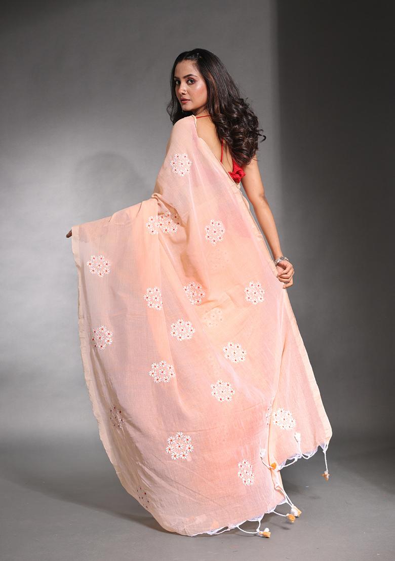 Peach Floral Embroidered Soft Pure Cotton Saree Set
