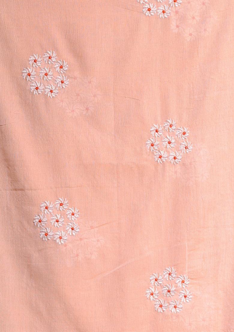 Peach Floral Embroidered Soft Pure Cotton Saree Set