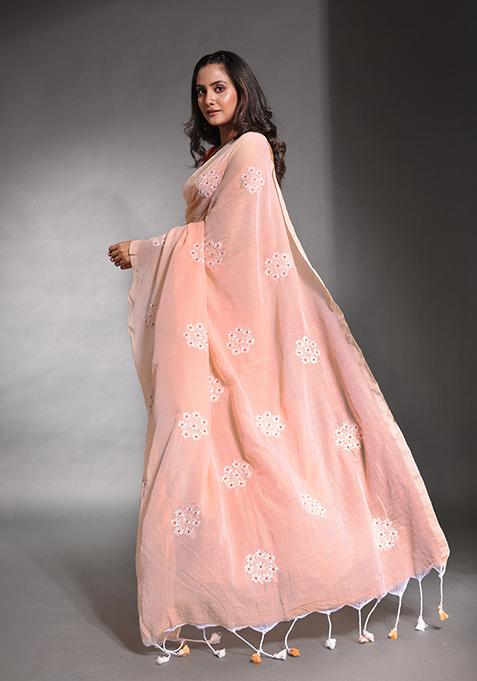 Peach Floral Embroidered Soft Pure Cotton Saree Set