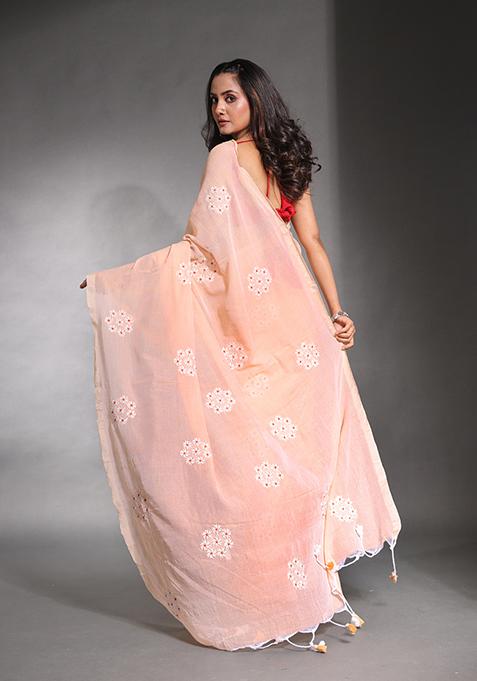 Peach Floral Embroidered Soft Pure Cotton Saree Set